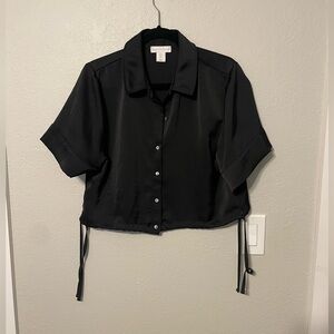 House of Harlow 1960 Black Satin Crop Blouse Tie Waist Top